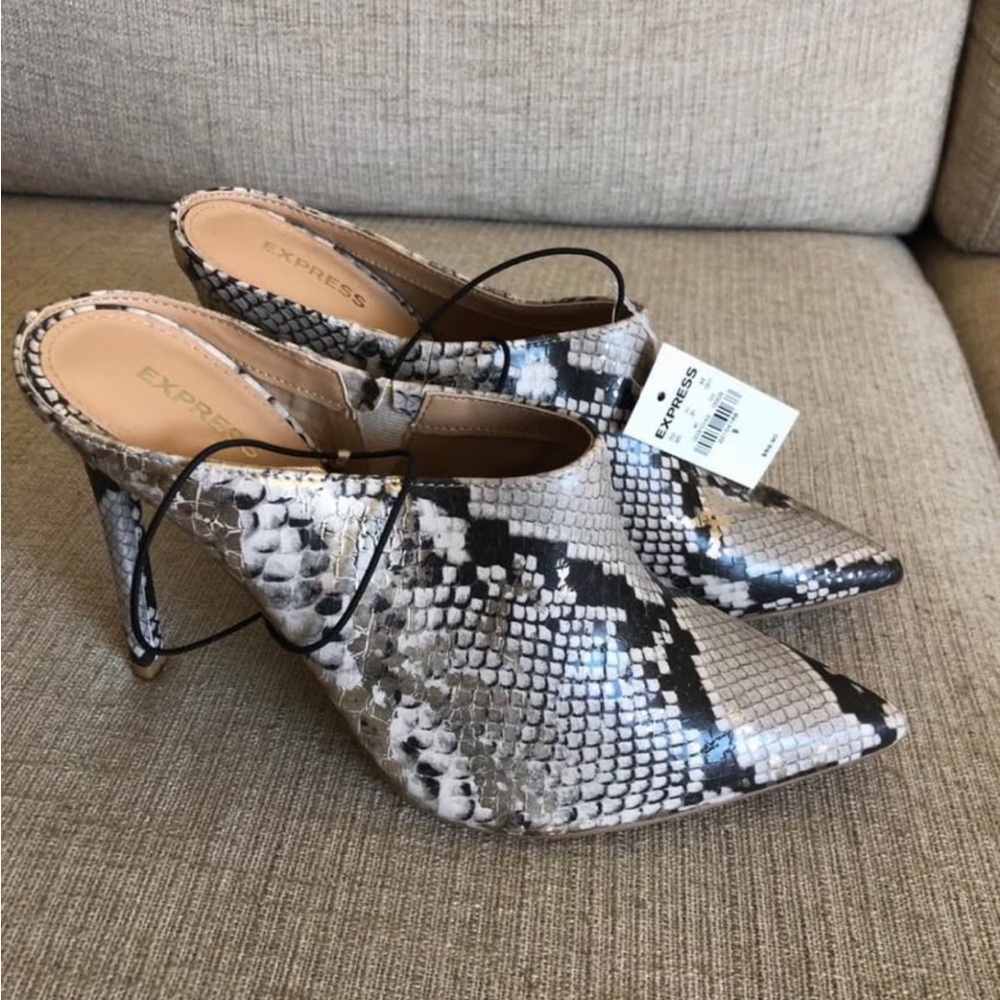 Express Snake-Print Pointed Toe Mules in Black & Gray